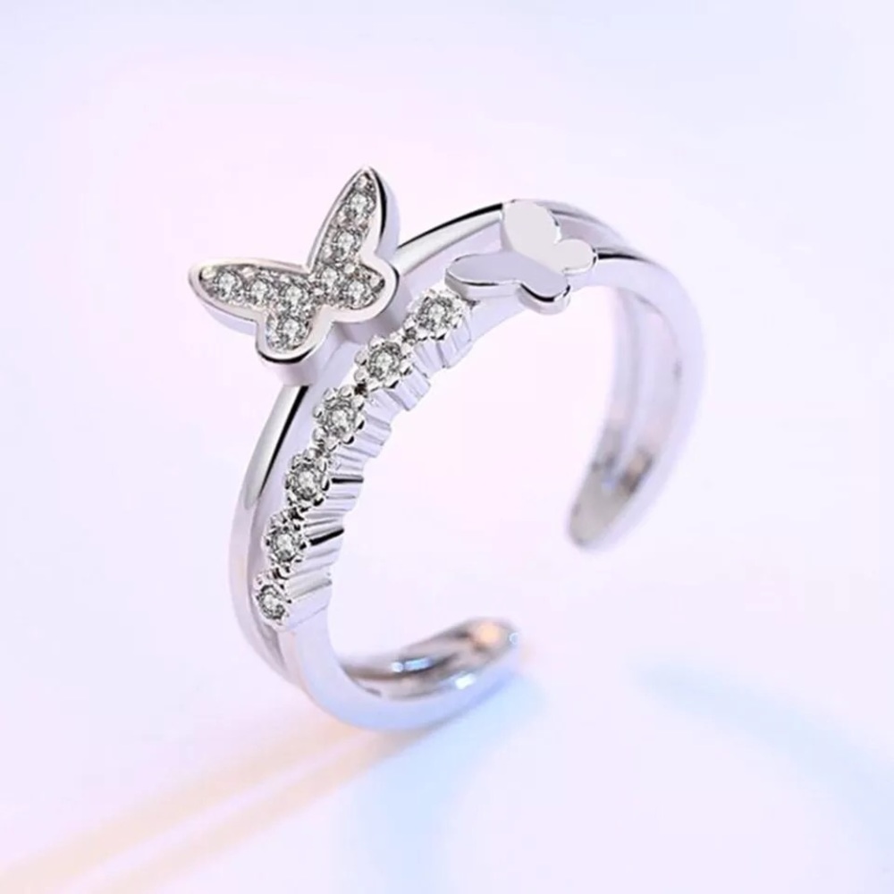 New Sterling Silver 925 Crystal Butterfly Adjustable Ring